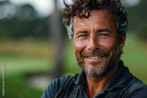 Close-up shot of a charming man with a friendly smile and curly hair, outdoors with a blurred background photo