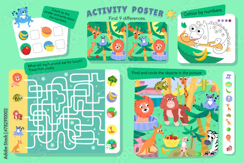 Find hidden objects in picture. Educational puzzle game, maze, count, math for kids. Cute flat simple animals in jungle, zoo. Vector colour illustration. Cartoon scene for design. 