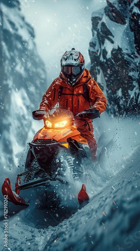 Winter Rush: Snowmobile Adventure in Snowy Terrain