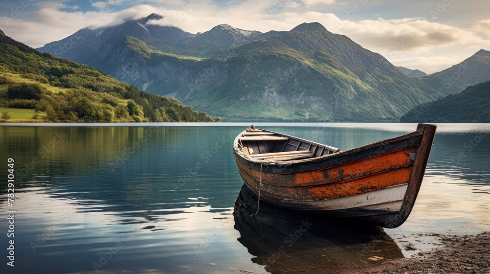 Old boat moored at lake with beautiful mountain 
