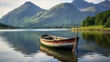 Old boat moored at lake with beautiful mountain 