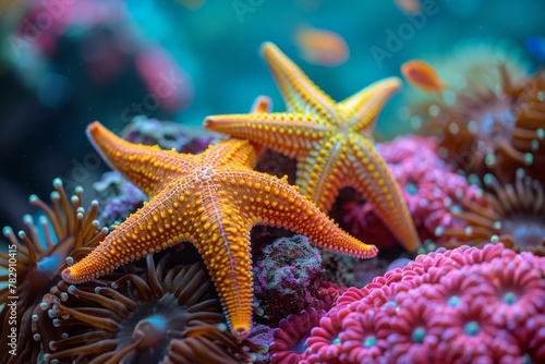 Vivid image of an orange starfish on a colorful coral reef teeming with marine life © Larisa AI