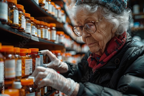 Photo of an elderly woman examining medicine bottles in a pharmacy aisle