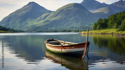 Old boat moored at lake with beautiful mountain  © CStock