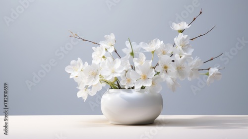 White flowers in vase, blossoms and petals arranged beautifully, depicting nature's springtime beauty © CStock