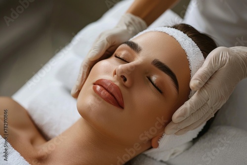 A beautiful woman is receiving a facial treatment at a beauty salon. A woman is getting a spa treatment.