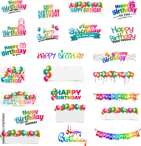 Happy birthday inscriptions hand lettering collection set. Vector illustration art design.