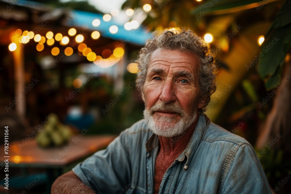 Portrait of an old man with a white beard and mustache in a blue shirt on the background of palm trees Portrait of an old man with a white beard and mustache in a blue shirt on the background of palm trees
