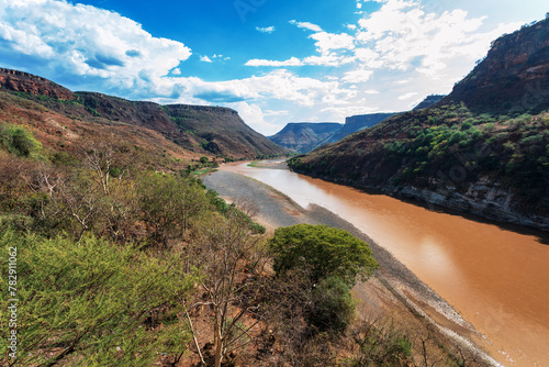 Beautiful mountain landscape with canyon and river Blue Nile, Amhara Region. Ethiopia wilderness landscape, Africa. photo