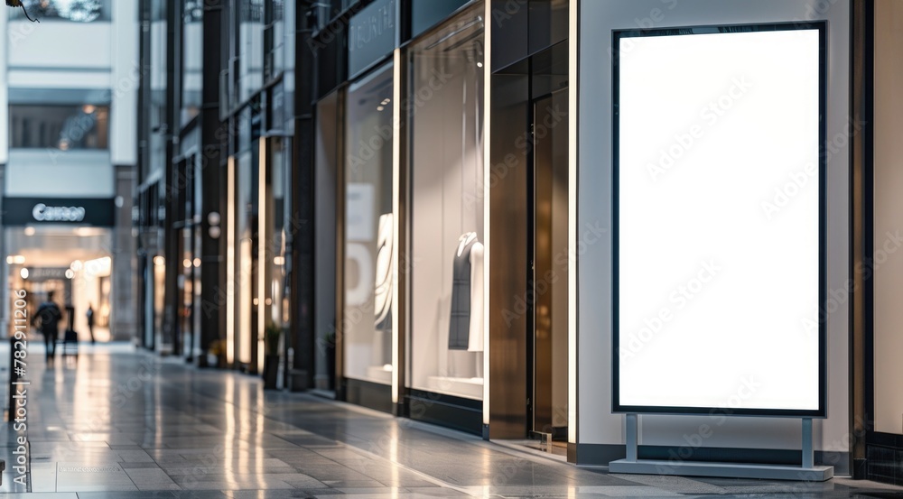 Modern Shopping Mall Interior with Blank Advertising Billboard Modern Shopping Mall Interior with Blank Advertising Billboard