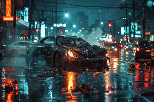 An evocative scene of a high-end sports car wrecked on a wet urban road, under moody evening lights
