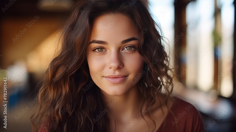 portrait of young happy woman looks in camera 