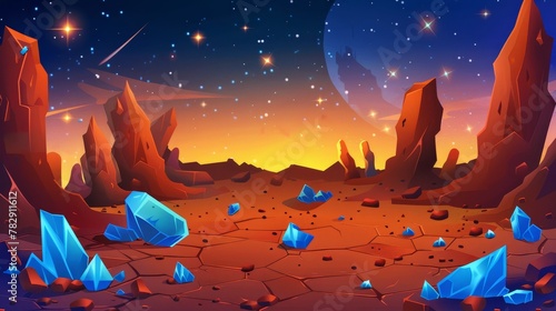 The background is a fantasy alien planet landscape with cracked ground surface, blue crystals, and red rock, flying stones and cosmic dust, glowing stars in the sky, illustrating a cartoon space game