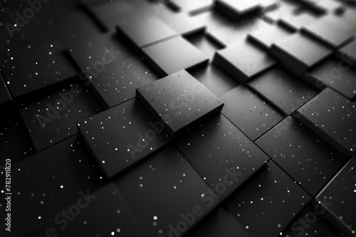A close-up perspective of monochromatic square blocks in a 3D geometric layout sprinkled with delicate particles, creating a sleek design photo