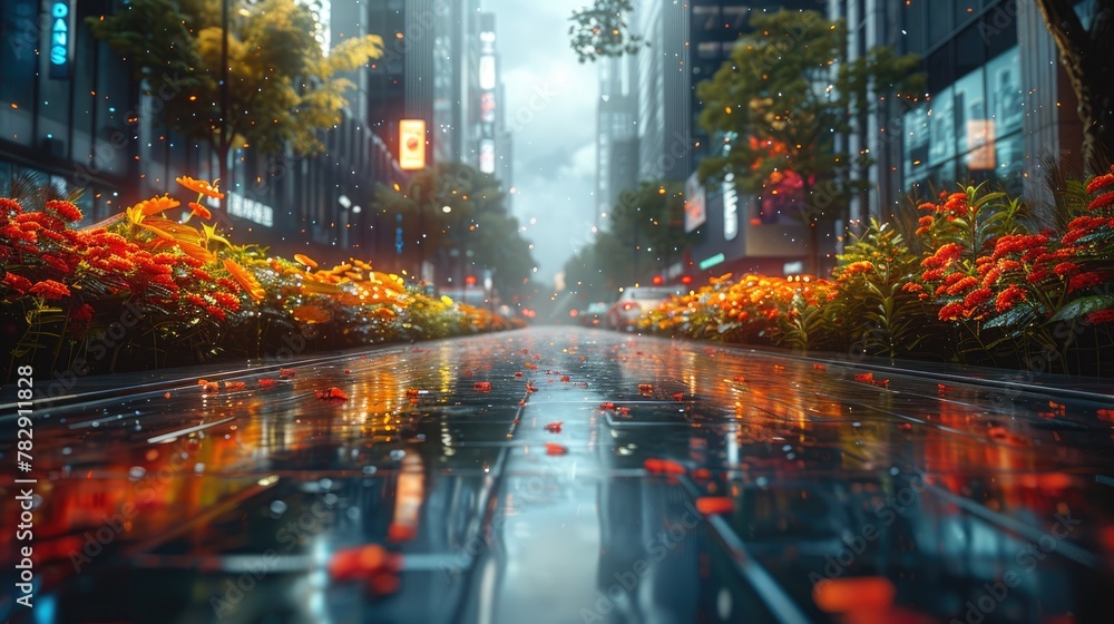 Rainy Urban Scene with Vibrant Flowers and Shiny Pavement. Rainy Urban Scene with Vibrant Flowers and Shiny Pavement.