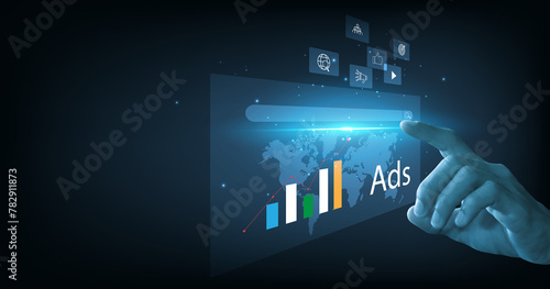 Online marketing and website advertising concept. Digital marketing strategy analysis to promotion of products or services through digital channels on a dark blue background.