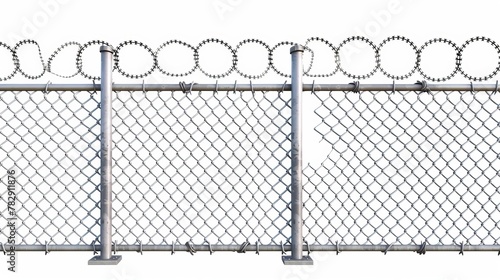 Realistic 3d modern illustration of a fence with barbed wire, metal grid with gate, prison perimeter protection barrier separated with poles, and rabitz isolated on a white background.