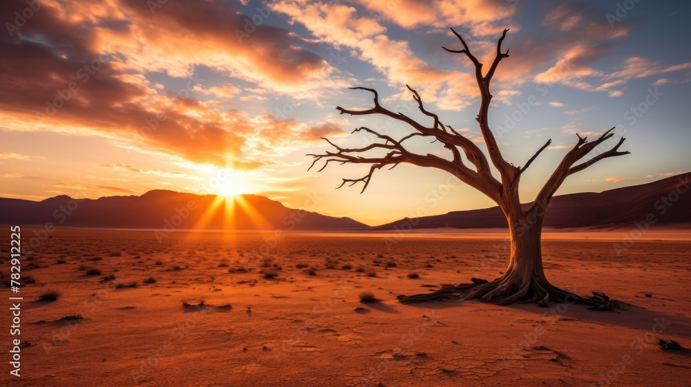 a dead tree wide desert arid landscape with bright sunlight, dry season, drought