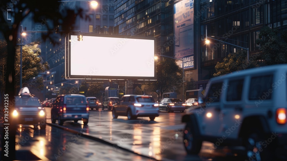 Dusk City Scene with Blank Billboard for Advertising Mockup. Dusk City Scene with Blank Billboard for Advertising Mockup.