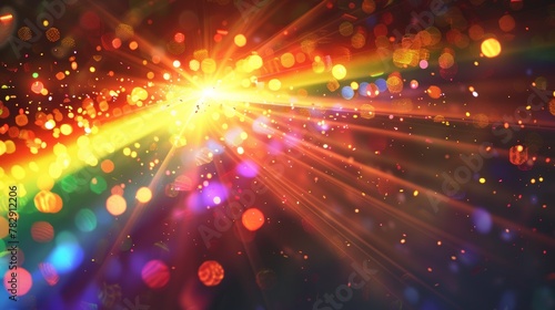 A modern illustration with spectrum light, lens glare, and sunlight rays overlaid with rainbow flare effect. Abstract background with refraction beams and blurred sparkles.