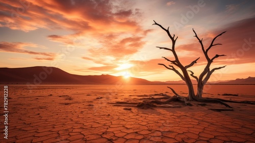 a dead tree wide desert arid landscape with bright sunlight, dry season, drought