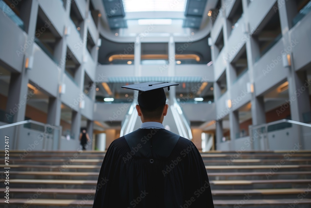 Graduate in Cap and Gown Ascending in Modern Building Stock Photo ...