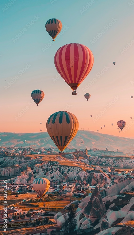 Naklejka premium Skyward dreams: Hot air balloons floating at sunrise