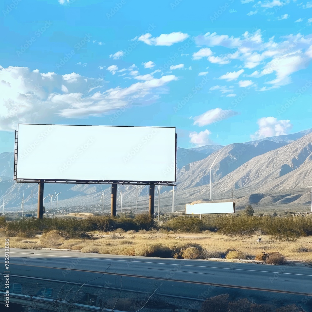 A photo of large white blank billboard on the side of an highway in Palm Springs with mountains and wind turbines in background, shot from across road with view looking at billboards A photo of large white blank billboard on the side of an highway in Palm Springs with mountains and wind turbines in background, shot from across road with view looking at billboards
