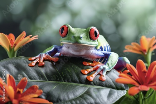 A close-up of the red-eyed tree frog aglychnis callidryas perched on leaves.. Beautiful simple AI generated image in 4K, unique.