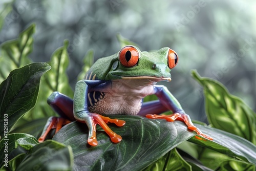 Red-eyed tree frog closeup on leaves, Red-eyed tree frog (Agalychnis callidryas) looks over leaf edge. Beautiful simple AI generated image in 4K, unique.