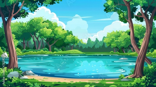 Modern illustration of a summer forest cartoon landscape with a clear lake and turquoise pond. Water is separated from the trees in this free nature wood modern template. photo