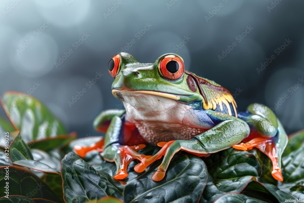 Red-eyed tree frog closeup on leaves, Red-eyed tree frog (Agalychnis callidryas) looks over leaf edge. Beautiful simple AI generated image in 4K, unique. Red-eyed tree frog closeup on leaves, Red-eyed tree frog (Agalychnis callidryas) looks over leaf edge. Beautiful simple AI generated image in 4K, unique.