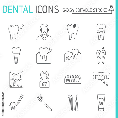 Dental line icon set, dentistry vector collection, logo illustrations, stomatology vector icons, outline style pictogram pack, editable stroke icons.