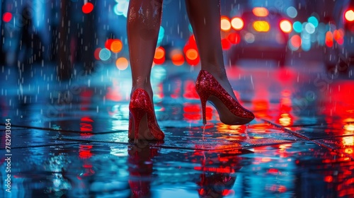 Rainy evening and sparkling red heels on the street