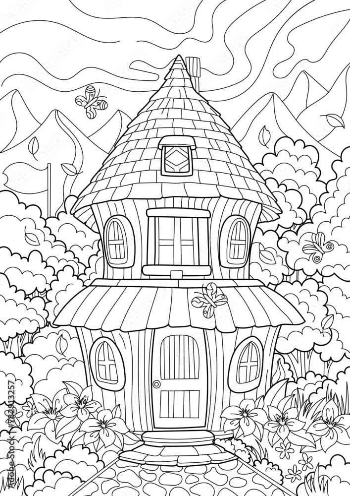 Fairy tale forest house. Coloring page.Scenery.Coloring book antistress for children and adults. Illustration isolated on white background.Zen-tangle style. Hand draw