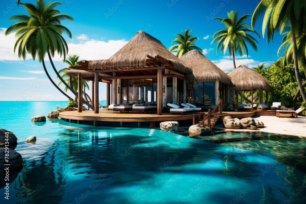Luxury tropical resort with overwate thatched roof bungalow on the clear blue lagoon overlooking the tropical island