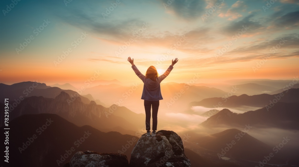 Woman on top of the mountain with sunrise success in business Woman on top of the mountain with sunrise success in business