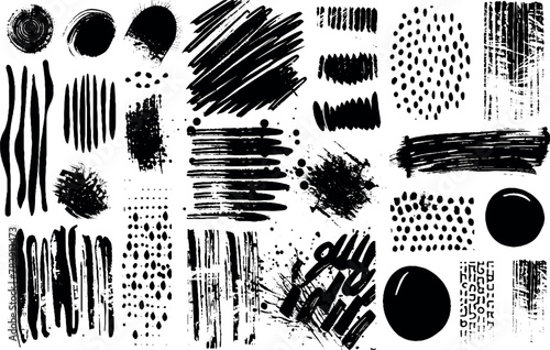 Dry paint stains brush stroke backgrounds set. Dirty artistic vector design elements, boxes, frames for text, labels, logo. Hipster stickers, paintbrush grunge stamp label backgrounds, circle frames.