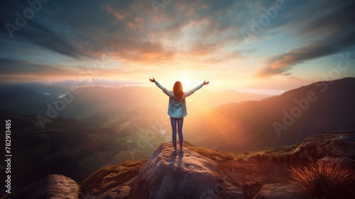 Woman on top of the mountain with sunrise success in business 