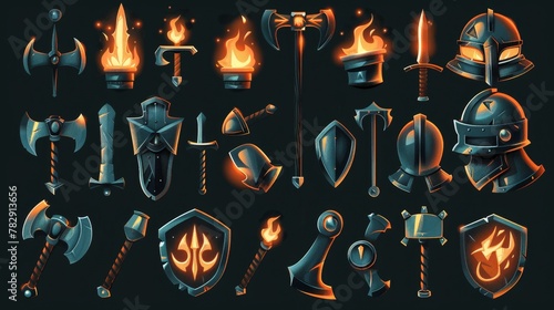 Animated cartoon illustration featuring axe, shields, maces, swords, helmets, daggers, bugle horns, bugle horns, daggers, hammers and shields set isolated on black background.