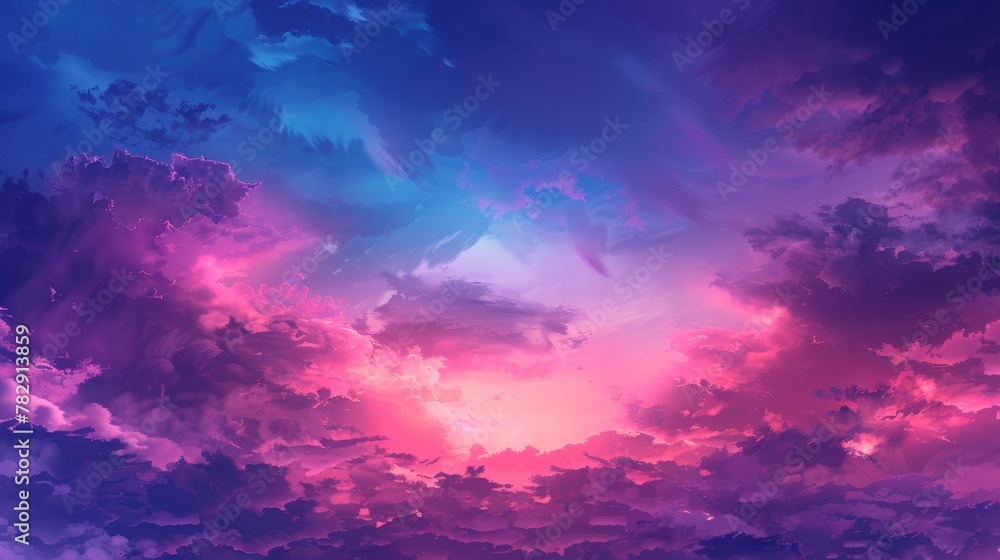 Dark purple sky with realistic cloud texture, modern illustration. Beautiful foggy twilight or sunrise cloudscape in pink, blue, and lilac colors. Beautiful nature. Abstract background.