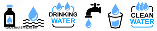 Drinking water icon set. Drop Water, Mineral Water, Low and High Tide, Shower, Plastic Bottle and Glass, clean water sign symbol illustration.