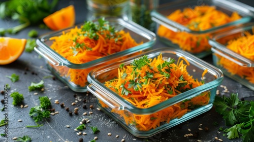 Glass boxes with fresh raw orange vegetables.  Healthy Meal Prep, recipe preparation photo. Healthy vegan dishes in glass containers. 