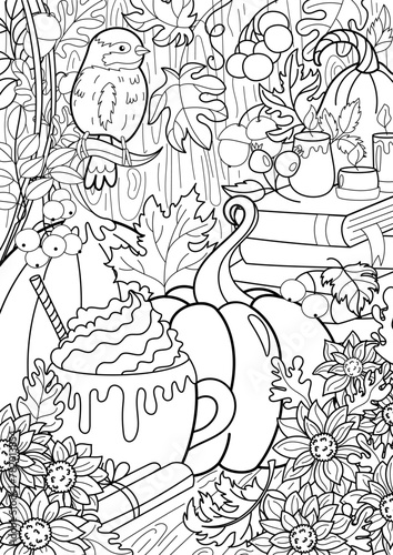  Pumpkins, sunflowers, bird, harvest.Coloring book antistress for children and adults. Illustration isolated on white background.Zen-tangle style. 