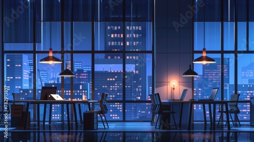 Working at night in an open space office, with large floor-to-ceiling windows, a glowing lamp over the tables, laptops, chairs and task board. Cartoon illustration of a coworking area. photo