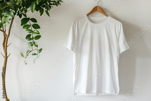 A white tshirt hanging on a wooden hanger over a white wall background with a plant, a mockup template for design presentation  in a minimalist style.
