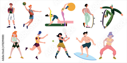 Vibrant illustrations depict various Olympic and fitness activities, showing athletes performing different sports.