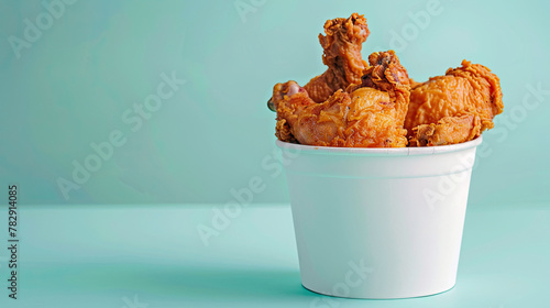 White bucket of broasted chicken . Isolated on pastel blue background photo