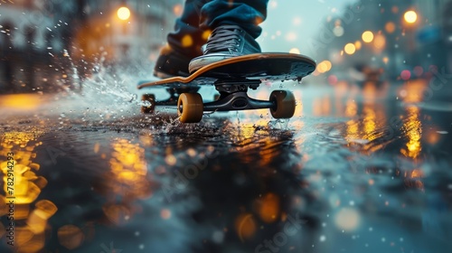 Skater splashing through urban puddles