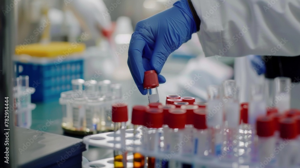 Fototapeta premium Scientist in Lab Coat and Blue Gloves